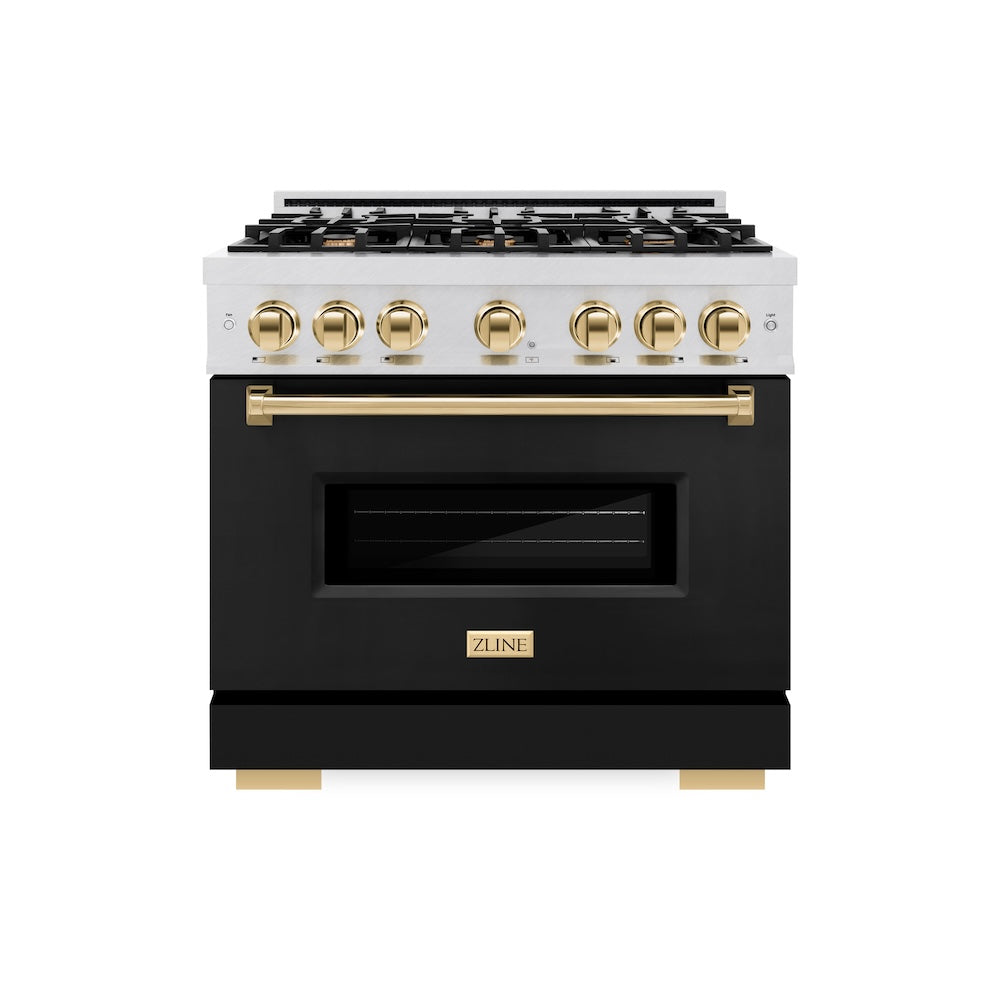 ZLINE Autograph Edition 36 in. 5.2 cu. ft. Classic Dual Fuel Range with 6 Burner Gas Cooktop and Electric Convection Oven in DuraSnow® Stainless Steel with Black Matte Door and Polished Gold Accents (CDRSZ-BLM-36-G) - (CDRSZBLM36G) -