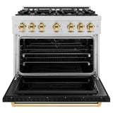 ZLINE Autograph Edition 36 in. 5.2 cu. ft. Classic Dual Fuel Range with 6 Burner Gas Cooktop and Electric Convection Oven in DuraSnow® Stainless Steel with Black Matte Door and Polished Gold Accents (CDRSZ-BLM-36-G) - (CDRSZBLM36G) -