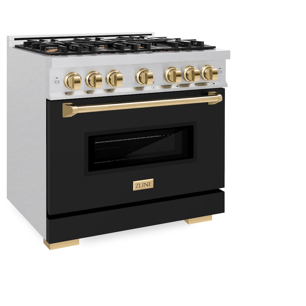 ZLINE Autograph Edition 36 in. 5.2 cu. ft. Classic Dual Fuel Range with 6 Burner Gas Cooktop and Electric Convection Oven in DuraSnow® Stainless Steel with Black Matte Door and Polished Gold Accents (CDRSZ-BLM-36-G) - (CDRSZBLM36G) -