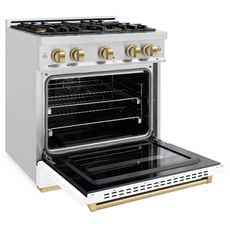 ZLINE Autograph Edition 30 in. 4.2 cu. ft. Classic Dual Fuel Range with 4 Burner Gas Cooktop and Electric Convection Oven in DuraSnow® Stainless Steel with White Matte Door and Champagne Bronze Accents (CDRSZ-WM-30-CB) - (CDRSZWM30CB) -