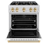 ZLINE Autograph Edition 30 in. 4.2 cu. ft. Classic Dual Fuel Range with 4 Burner Gas Cooktop and Electric Convection Oven in DuraSnow® Stainless Steel with White Matte Door and Polished Gold Accents (CDRSZ-WM-30-G) - (CDRSZWM30G) -