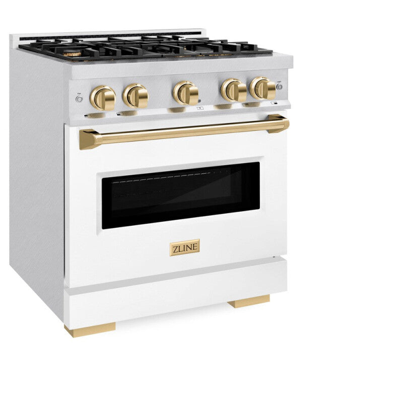 ZLINE Autograph Edition 30 in. 4.2 cu. ft. Classic Dual Fuel Range with 4 Burner Gas Cooktop and Electric Convection Oven in DuraSnow® Stainless Steel with White Matte Door and Polished Gold Accents (CDRSZ-WM-30-G) - (CDRSZWM30G) -