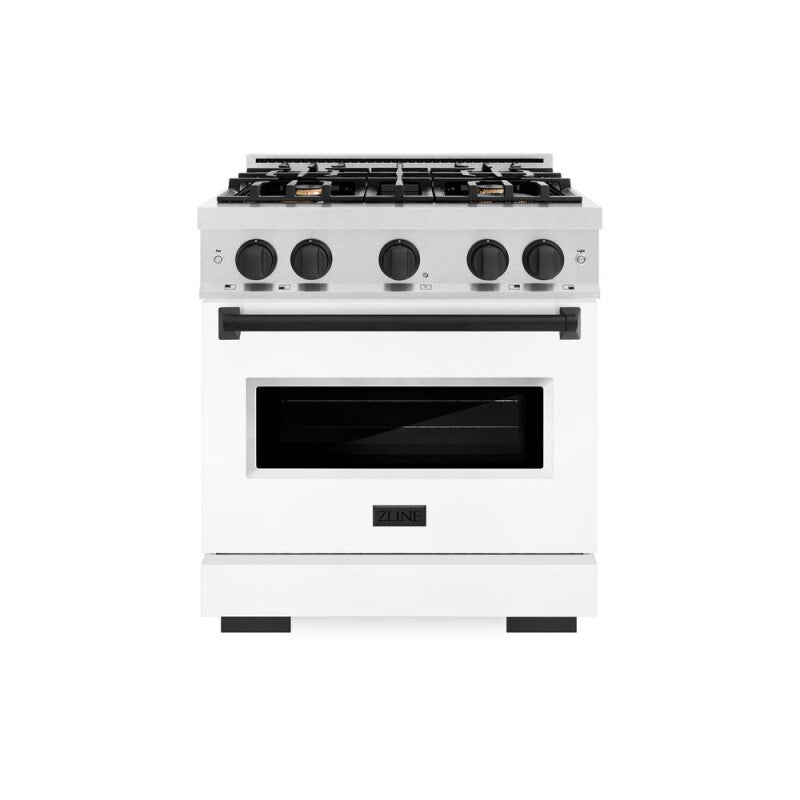 ZLINE Autograph Edition 30 in. 4.2 cu. ft. Classic Dual Fuel Range with 4 Burner Gas Cooktop and Electric Convection Oven in DuraSnow® Stainless Steel with White Matte Door and Matte Black Accents (CDRSZ-WM-30-MB) - (CDRSZWM30MB) -