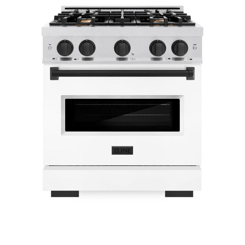 ZLINE Autograph Edition 30 in. 4.2 cu. ft. Classic Dual Fuel Range with 4 Burner Gas Cooktop and Electric Convection Oven in DuraSnow® Stainless Steel with White Matte Door and Matte Black Accents (CDRSZ-WM-30-MB) - (CDRSZWM30MB) -