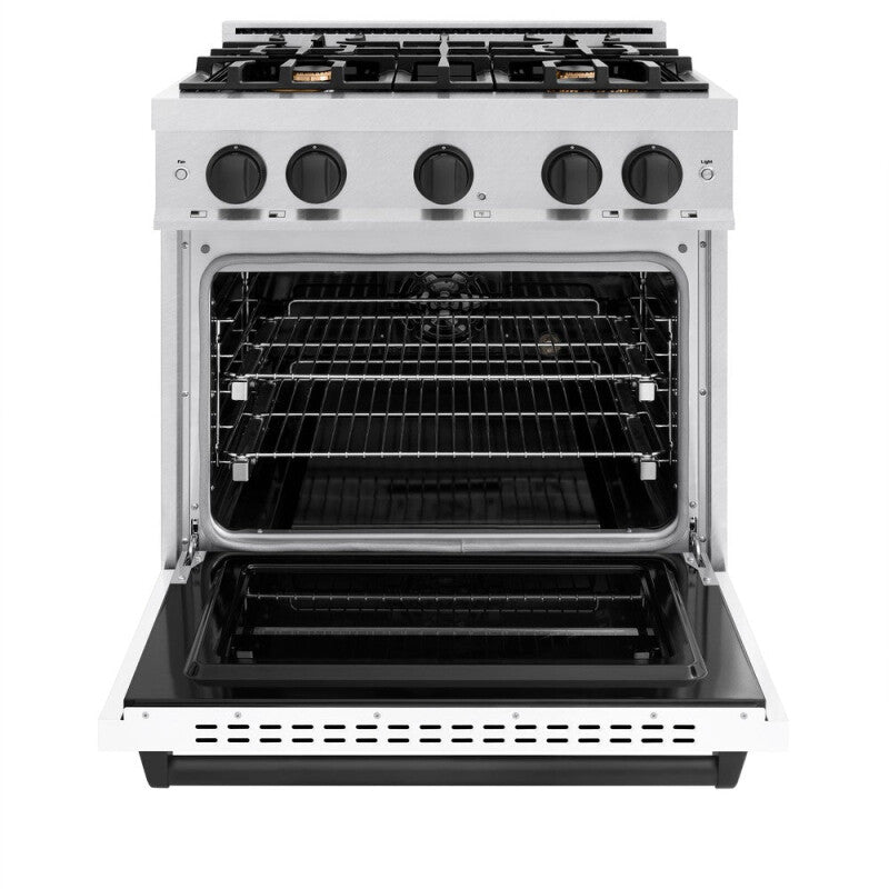 ZLINE Autograph Edition 30 in. 4.2 cu. ft. Classic Dual Fuel Range with 4 Burner Gas Cooktop and Electric Convection Oven in DuraSnow® Stainless Steel with White Matte Door and Matte Black Accents (CDRSZ-WM-30-MB) - (CDRSZWM30MB) -