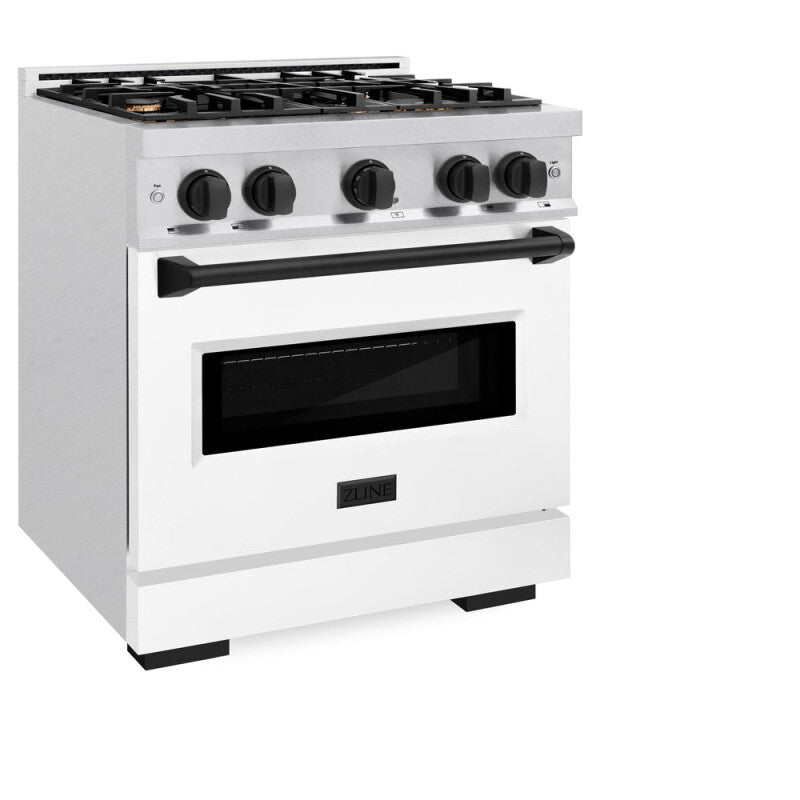 ZLINE Autograph Edition 30 in. 4.2 cu. ft. Classic Dual Fuel Range with 4 Burner Gas Cooktop and Electric Convection Oven in DuraSnow® Stainless Steel with White Matte Door and Matte Black Accents (CDRSZ-WM-30-MB) - (CDRSZWM30MB) -