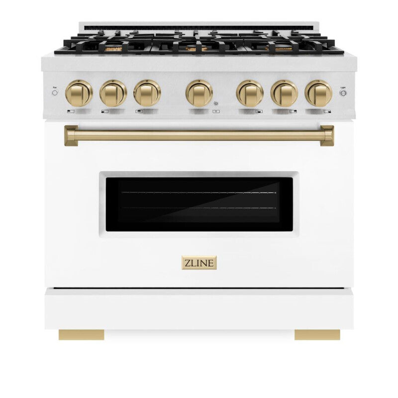 ZLINE Autograph Edition 36 in. 5.2 cu. ft. Classic Dual Fuel Range with 6 Burner Gas Cooktop and Electric Convection Oven in DuraSnow® Stainless Steel with White Matte Door and Champagne Bronze Accents (CDRSZ-WM-36-CB) - (CDRSZWM36CB) -