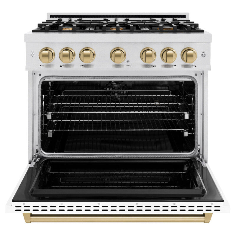 ZLINE Autograph Edition 36 in. 5.2 cu. ft. Classic Dual Fuel Range with 6 Burner Gas Cooktop and Electric Convection Oven in DuraSnow® Stainless Steel with White Matte Door and Champagne Bronze Accents (CDRSZ-WM-36-CB) - (CDRSZWM36CB) -