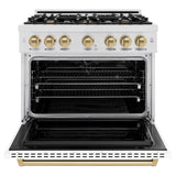 ZLINE Autograph Edition 36 in. 5.2 cu. ft. Classic Dual Fuel Range with 6 Burner Gas Cooktop and Electric Convection Oven in DuraSnow® Stainless Steel with White Matte Door and Champagne Bronze Accents (CDRSZ-WM-36-CB) - (CDRSZWM36CB) -
