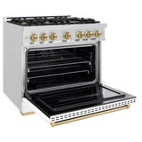 ZLINE Autograph Edition 36 in. 5.2 cu. ft. Classic Dual Fuel Range with 6 Burner Gas Cooktop and Electric Convection Oven in DuraSnow® Stainless Steel with White Matte Door and Champagne Bronze Accents (CDRSZ-WM-36-CB) - (CDRSZWM36CB) -