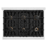 ZLINE Autograph Edition 36 in. 5.2 cu. ft. Classic Dual Fuel Range with 6 Burner Gas Cooktop and Electric Convection Oven in DuraSnow® Stainless Steel with White Matte Door and Champagne Bronze Accents (CDRSZ-WM-36-CB) - (CDRSZWM36CB) -