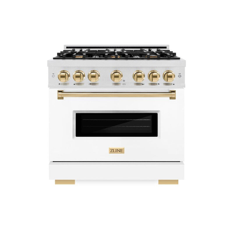 ZLINE Autograph Edition 36 in. 5.2 cu. ft. Classic Dual Fuel Range with 6 Burner Gas Cooktop and Electric Convection Oven in DuraSnow® Stainless Steel with White Matte Door and Polished Gold Accents (CDRSZ-WM-36-G) - (CDRSZWM36G) -