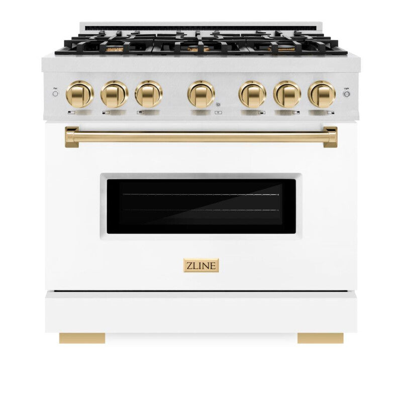 ZLINE Autograph Edition 36 in. 5.2 cu. ft. Classic Dual Fuel Range with 6 Burner Gas Cooktop and Electric Convection Oven in DuraSnow® Stainless Steel with White Matte Door and Polished Gold Accents (CDRSZ-WM-36-G) - (CDRSZWM36G) -