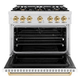 ZLINE Autograph Edition 36 in. 5.2 cu. ft. Classic Dual Fuel Range with 6 Burner Gas Cooktop and Electric Convection Oven in DuraSnow® Stainless Steel with White Matte Door and Polished Gold Accents (CDRSZ-WM-36-G) - (CDRSZWM36G) -