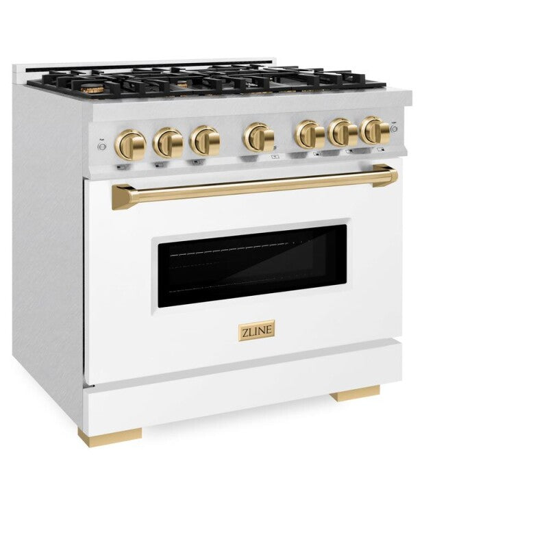 ZLINE Autograph Edition 36 in. 5.2 cu. ft. Classic Dual Fuel Range with 6 Burner Gas Cooktop and Electric Convection Oven in DuraSnow® Stainless Steel with White Matte Door and Polished Gold Accents (CDRSZ-WM-36-G) - (CDRSZWM36G) -