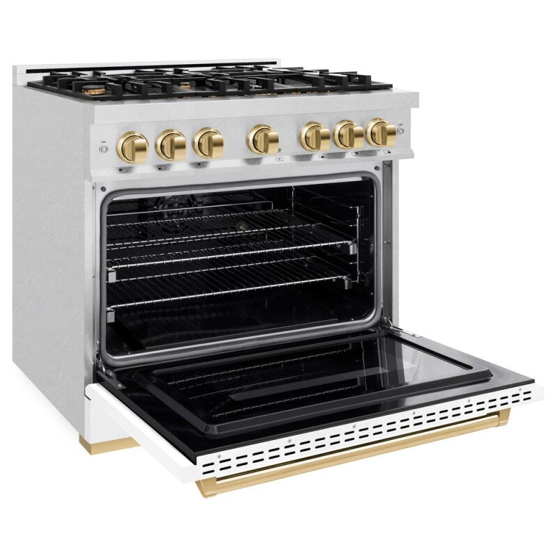 ZLINE Autograph Edition 36 in. 5.2 cu. ft. Classic Dual Fuel Range with 6 Burner Gas Cooktop and Electric Convection Oven in DuraSnow® Stainless Steel with White Matte Door and Polished Gold Accents (CDRSZ-WM-36-G) - (CDRSZWM36G) -