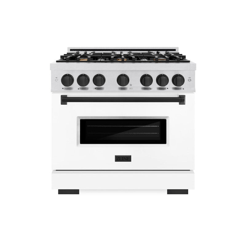 ZLINE Autograph Edition 36 in. 5.2 cu. ft. Classic Dual Fuel Range with 6 Burner Gas Cooktop and Electric Convection Oven in DuraSnow® Stainless Steel with White Matte Door and Matte Black Accents (CDRSZ-WM-36-MB) - (CDRSZWM36MB) -