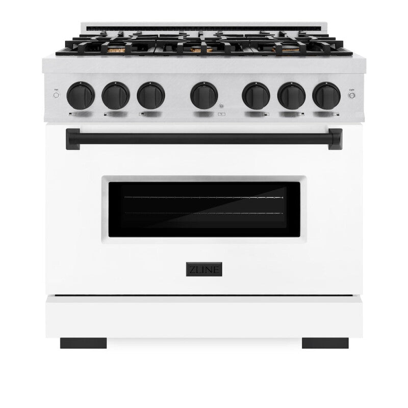 ZLINE Autograph Edition 36 in. 5.2 cu. ft. Classic Dual Fuel Range with 6 Burner Gas Cooktop and Electric Convection Oven in DuraSnow® Stainless Steel with White Matte Door and Matte Black Accents (CDRSZ-WM-36-MB) - (CDRSZWM36MB) -