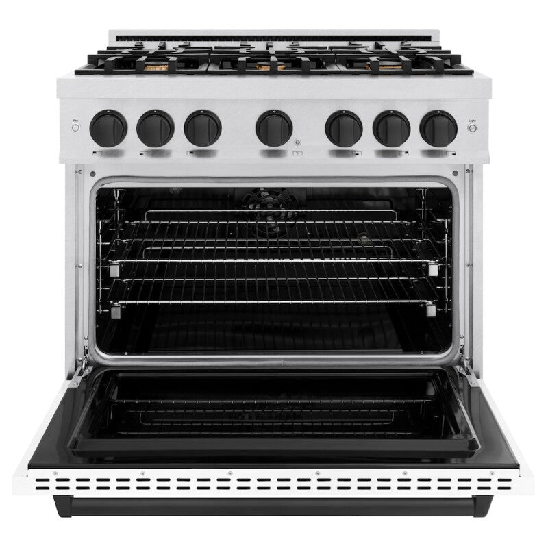 ZLINE Autograph Edition 36 in. 5.2 cu. ft. Classic Dual Fuel Range with 6 Burner Gas Cooktop and Electric Convection Oven in DuraSnow® Stainless Steel with White Matte Door and Matte Black Accents (CDRSZ-WM-36-MB) - (CDRSZWM36MB) -