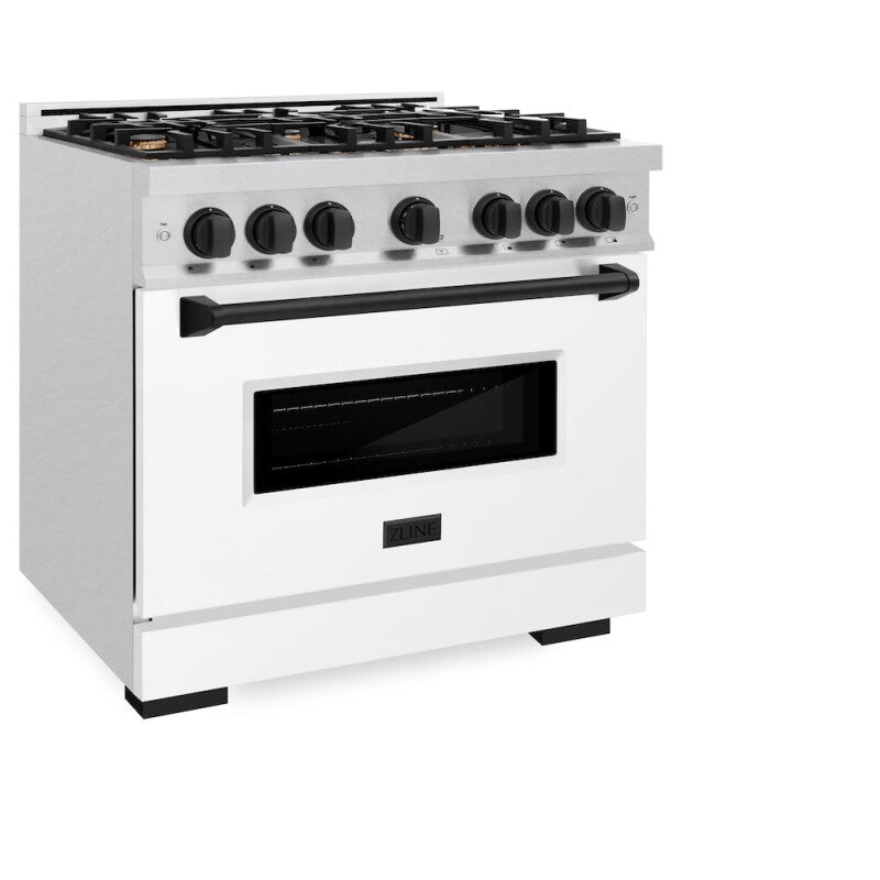 ZLINE Autograph Edition 36 in. 5.2 cu. ft. Classic Dual Fuel Range with 6 Burner Gas Cooktop and Electric Convection Oven in DuraSnow® Stainless Steel with White Matte Door and Matte Black Accents (CDRSZ-WM-36-MB) - (CDRSZWM36MB) -