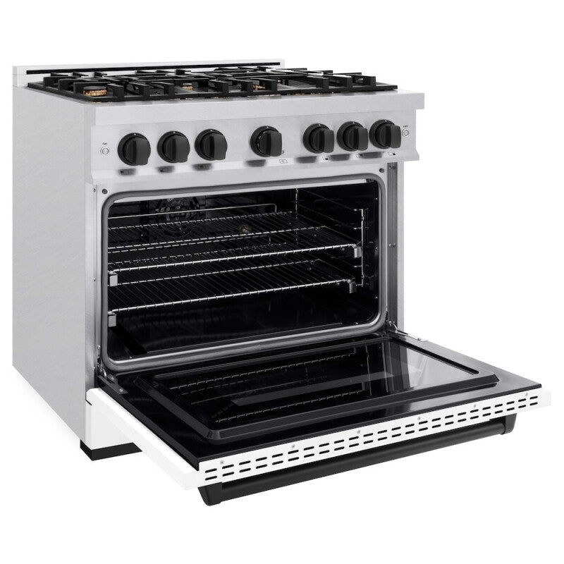 ZLINE Autograph Edition 36 in. 5.2 cu. ft. Classic Dual Fuel Range with 6 Burner Gas Cooktop and Electric Convection Oven in DuraSnow® Stainless Steel with White Matte Door and Matte Black Accents (CDRSZ-WM-36-MB) - (CDRSZWM36MB) -
