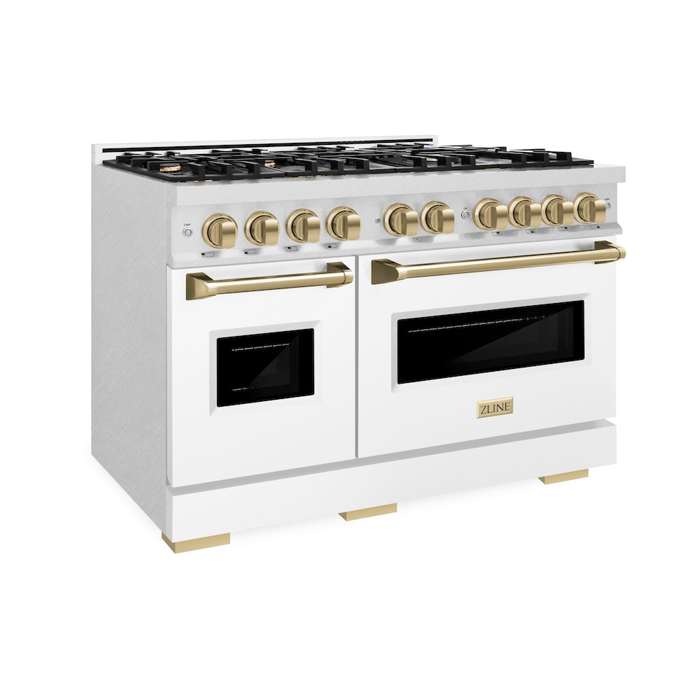 ZLINE Autograph Edition 48 in. 6.7 cu. ft. Classic Double Oven Dual Fuel Range with 8 Burner Gas Cooktop in DuraSnow® Stainless Steel with White Matte Doors and Champagne Bronze Accents (CDRSZ-WM-48-CB) - (CDRSZWM48CB) -