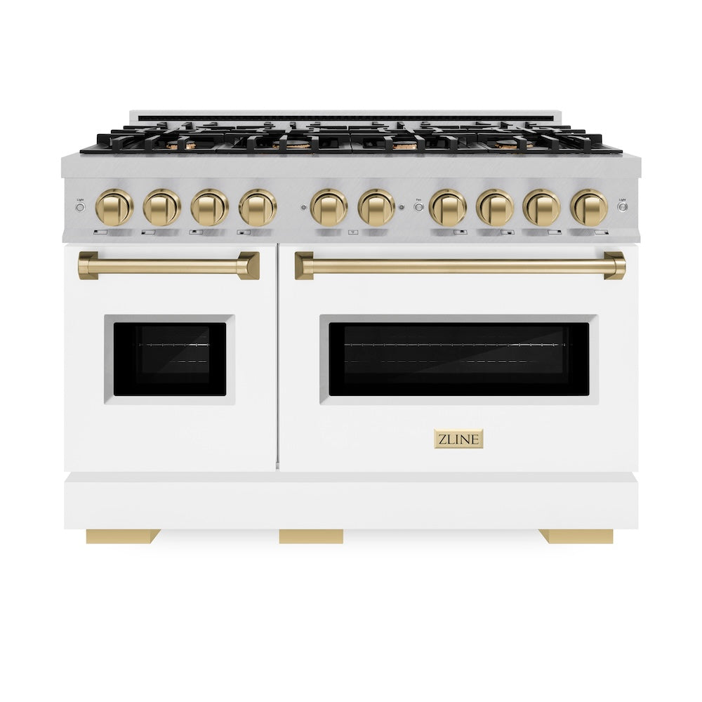 ZLINE Autograph Edition 48 in. 6.7 cu. ft. Classic Double Oven Dual Fuel Range with 8 Burner Gas Cooktop in DuraSnow® Stainless Steel with White Matte Doors and Champagne Bronze Accents (CDRSZ-WM-48-CB) - (CDRSZWM48CB) -