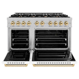 ZLINE Autograph Edition 48 in. 6.7 cu. ft. Classic Double Oven Dual Fuel Range with 8 Burner Gas Cooktop in DuraSnow® Stainless Steel with White Matte Doors and Polished Gold Accents (CDRSZ-WM-48-G) - (CDRSZWM48G) -