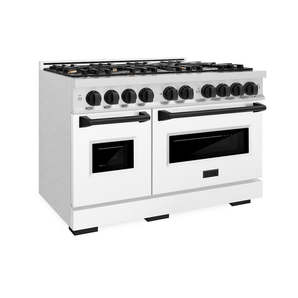 ZLINE Autograph Edition 48 in. 6.7 cu. ft. Classic Double Oven Dual Fuel Range with 8 Burner Gas Cooktop in DuraSnow® Stainless Steel with White Matte Doors and Matte Black Accents (CDRSZ-WM-48-MB) - (CDRSZWM48MB) -