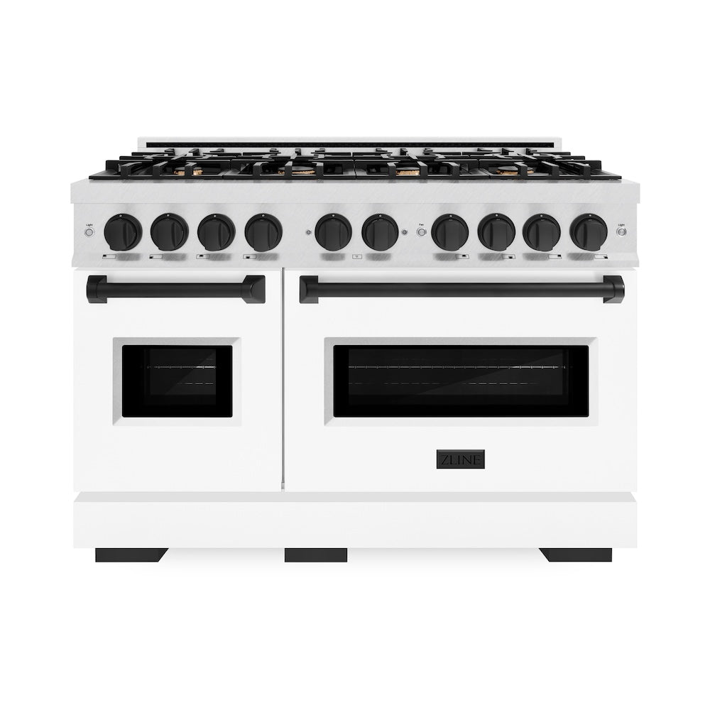 ZLINE Autograph Edition 48 in. 6.7 cu. ft. Classic Double Oven Dual Fuel Range with 8 Burner Gas Cooktop in DuraSnow® Stainless Steel with White Matte Doors and Matte Black Accents (CDRSZ-WM-48-MB) - (CDRSZWM48MB) -