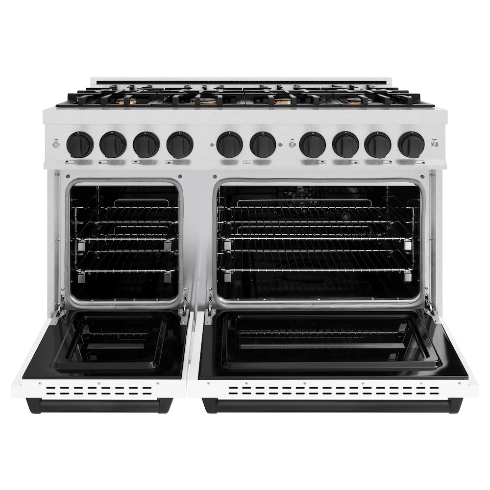 ZLINE Autograph Edition 48 in. 6.7 cu. ft. Classic Double Oven Dual Fuel Range with 8 Burner Gas Cooktop in DuraSnow® Stainless Steel with White Matte Doors and Matte Black Accents (CDRSZ-WM-48-MB) - (CDRSZWM48MB) -