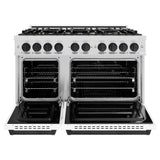 ZLINE Autograph Edition 48 in. 6.7 cu. ft. Classic Double Oven Dual Fuel Range with 8 Burner Gas Cooktop in DuraSnow® Stainless Steel with White Matte Doors and Matte Black Accents (CDRSZ-WM-48-MB) - (CDRSZWM48MB) -