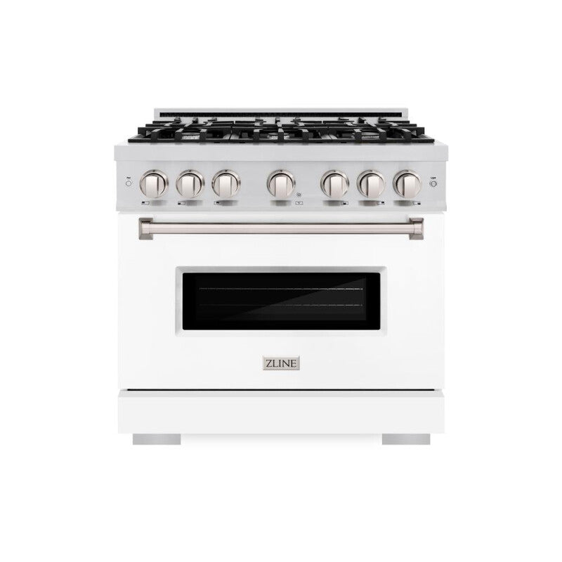 ZLINE 36 in. 5.2 cu. ft. Classic Dual Fuel Range with 6 Burner Gas Cooktop and Electric Convection Oven in Stainless Steel with White Matte Door (CDR-WM-36) - (CDRWM36) -