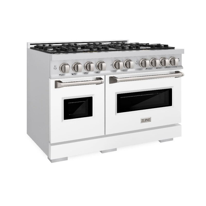 ZLINE 48 in. 6.7 cu. ft. Classic Double Oven Dual Fuel Range with 8 Burner Gas Cooktop in Stainless Steel with White Matte Doors (CDR-WM-48) - (CDRWM48) -