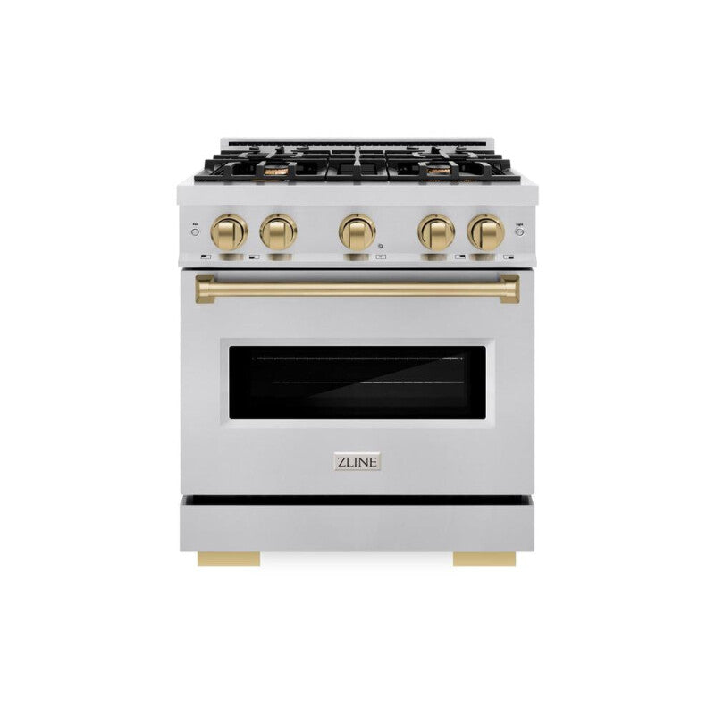 ZLINE Autograph Edition 30 in. 4.2 cu. ft. Classic Dual Fuel Range with 4 Burner Gas Cooktop and Electric Convection Oven in Stainless Steel with Champagne Bronze Accents (CDRZ-30-CB) - (CDRZ30CB) -