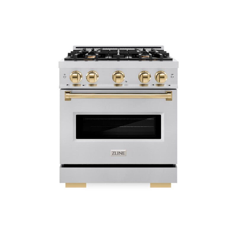 ZLINE Autograph Edition 30 in. 4.2 cu. ft. Classic Dual Fuel Range with 4 Burner Gas Cooktop and Electric Convection Oven in Stainless Steel with Polished Gold Accents (CDRZ-30-G) - (CDRZ30G) -