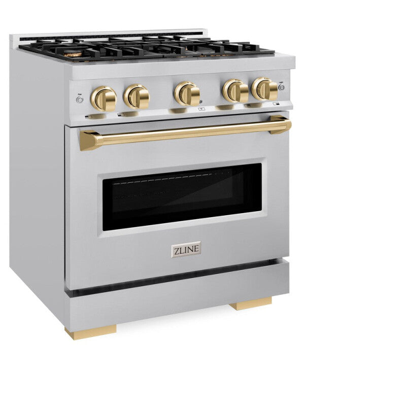 ZLINE Autograph Edition 30 in. 4.2 cu. ft. Classic Dual Fuel Range with 4 Burner Gas Cooktop and Electric Convection Oven in Stainless Steel with Polished Gold Accents (CDRZ-30-G) - (CDRZ30G) -