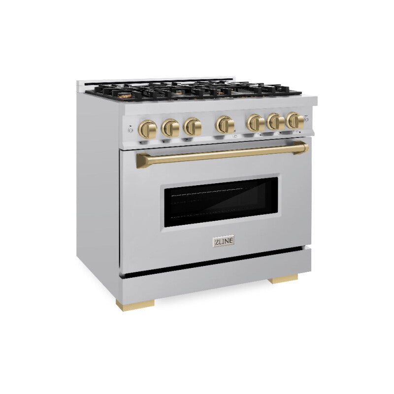 ZLINE Autograph Edition 36 in. 5.2 cu. ft. Classic Dual Fuel Range with 6 Burner Gas Cooktop and Electric Convection Oven in Stainless Steel with Champagne Bronze Accents (CDRZ-36-CB) - (CDRZ36CB) -