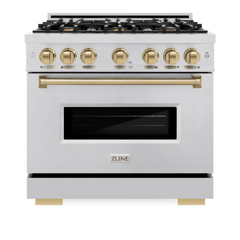 ZLINE Autograph Edition 36 in. 5.2 cu. ft. Classic Dual Fuel Range with 6 Burner Gas Cooktop and Electric Convection Oven in Stainless Steel with Champagne Bronze Accents (CDRZ-36-CB) - (CDRZ36CB) -