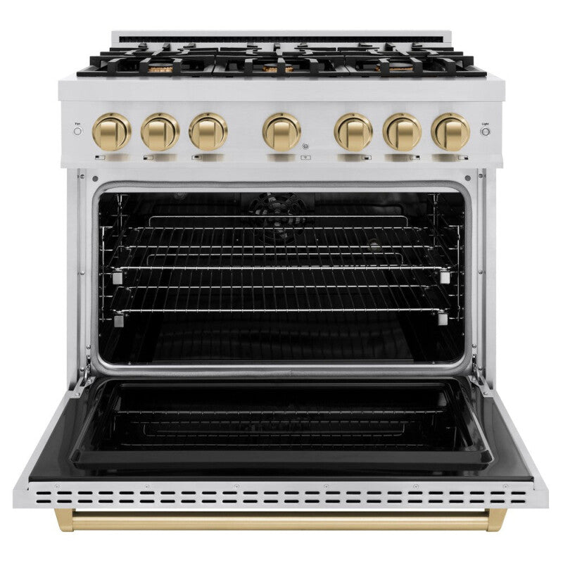 ZLINE Autograph Edition 36 in. 5.2 cu. ft. Classic Dual Fuel Range with 6 Burner Gas Cooktop and Electric Convection Oven in Stainless Steel with Champagne Bronze Accents (CDRZ-36-CB) - (CDRZ36CB) -
