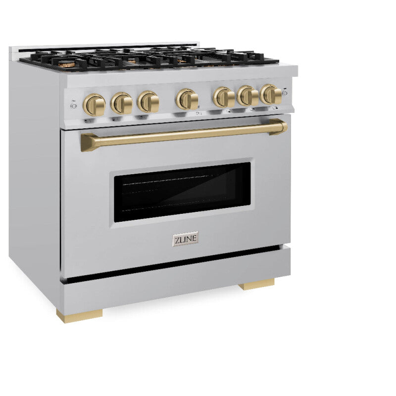 ZLINE Autograph Edition 36 in. 5.2 cu. ft. Classic Dual Fuel Range with 6 Burner Gas Cooktop and Electric Convection Oven in Stainless Steel with Champagne Bronze Accents (CDRZ-36-CB) - (CDRZ36CB) -