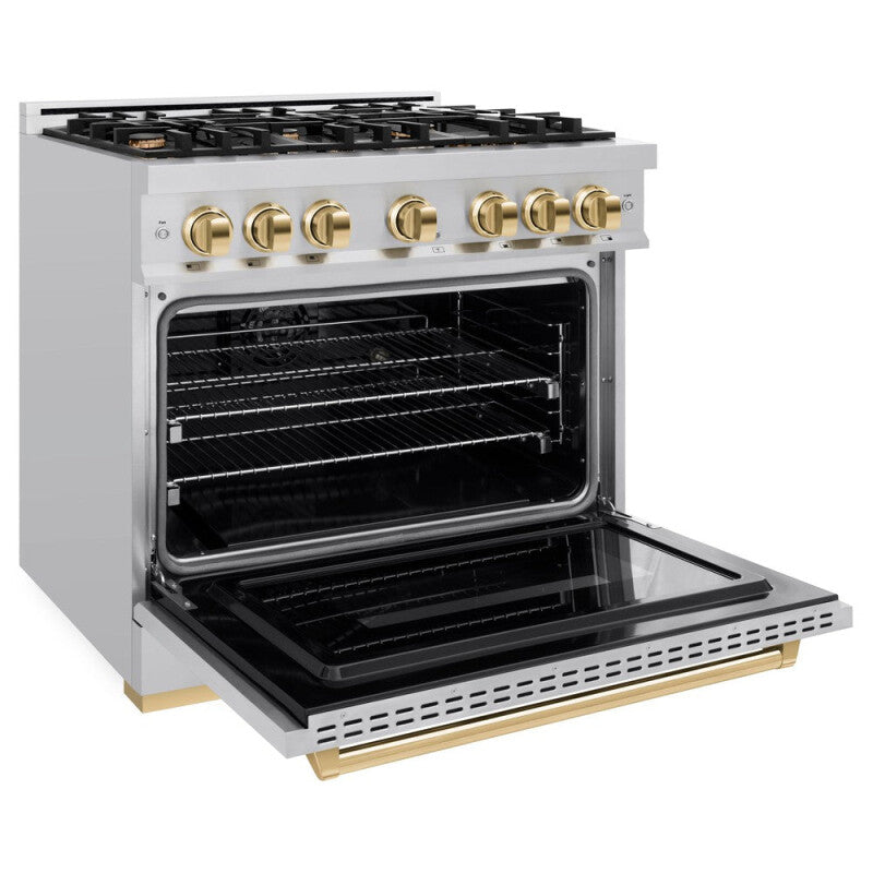 ZLINE Autograph Edition 36 in. 5.2 cu. ft. Classic Dual Fuel Range with 6 Burner Gas Cooktop and Electric Convection Oven in Stainless Steel with Polished Gold Accents (CDRZ-36-G) - (CDRZ36G) -