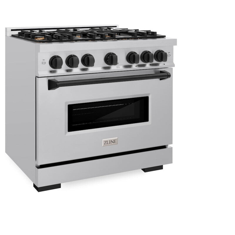 ZLINE Autograph Edition 36 in. 5.2 cu. ft. Classic Dual Fuel Range with 6 Burner Gas Cooktop and Electric Convection Oven in Stainless Steel with Matte Black Accents (CDRZ-36-MB) - (CDRZ36MB) -