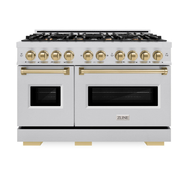 ZLINE Autograph Edition 48 in. 6.7 cu. ft. Classic Double Oven Dual Fuel Range with 8 Burner Gas Cooktop in Stainless Steel and Champagne Bronze Accents (CDRZ-48-CB) - (CDRZ48CB) -