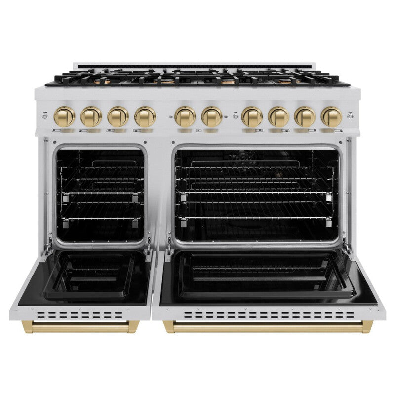 ZLINE Autograph Edition 48 in. 6.7 cu. ft. Classic Double Oven Dual Fuel Range with 8 Burner Gas Cooktop in Stainless Steel and Champagne Bronze Accents (CDRZ-48-CB) - (CDRZ48CB) -