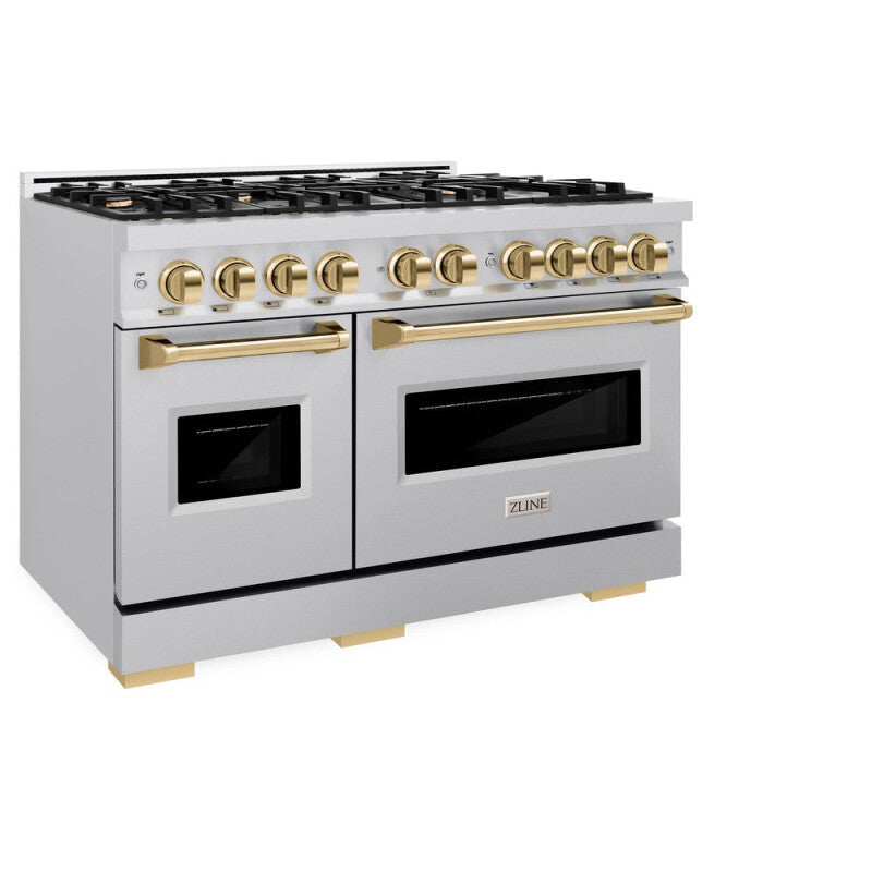 ZLINE Autograph Edition 48 in. 6.7 cu. ft. Classic Double Oven Dual Fuel Range with 8 Burner Gas Cooktop in Stainless Steel and Polished Gold Accents (CDRZ-48-G) - (CDRZ48G) -