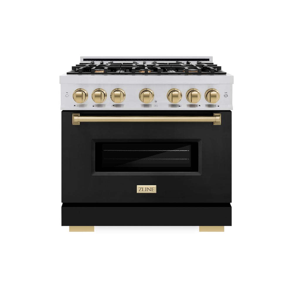 ZLINE Autograph Edition 36 in. 5.2 cu. ft. Classic Dual Fuel Range with 6 Burner Gas Cooktop and Electric Convection Oven in Stainless Steel with Black Matte Door and Champagne Bronze Accents (CDRZ-BLM-36-CB) - (CDRZBLM36CB) -