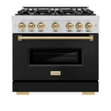 ZLINE Autograph Edition 36 in. 5.2 cu. ft. Classic Dual Fuel Range with 6 Burner Gas Cooktop and Electric Convection Oven in Stainless Steel with Black Matte Door and Champagne Bronze Accents (CDRZ-BLM-36-CB) - (CDRZBLM36CB) -