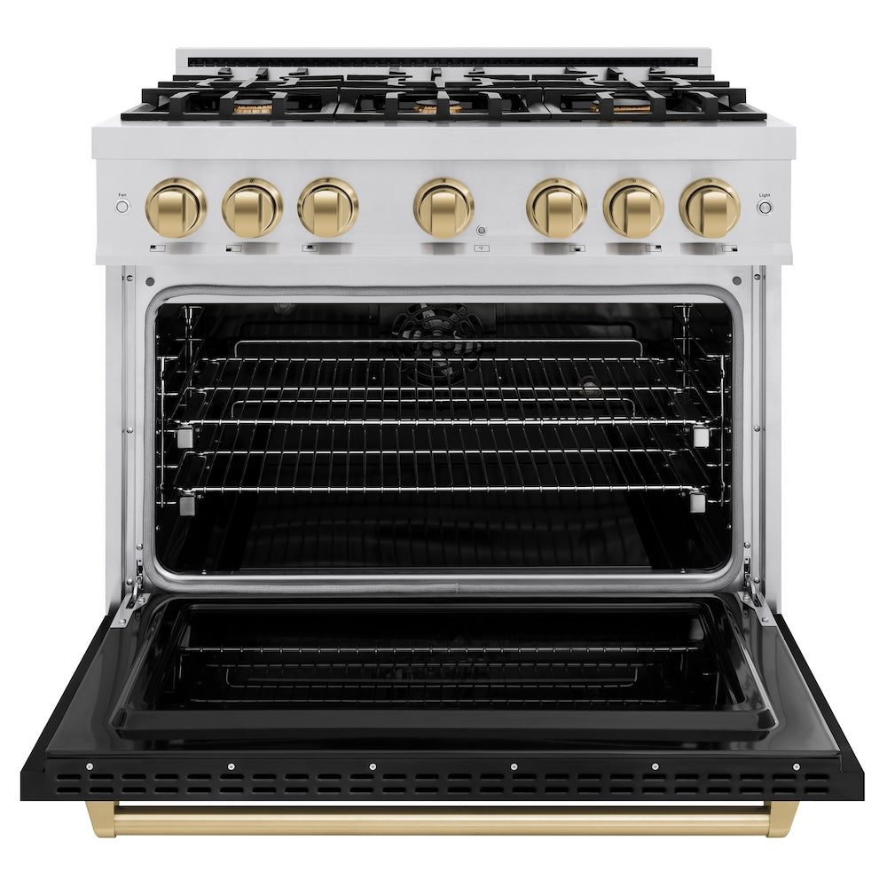 ZLINE Autograph Edition 36 in. 5.2 cu. ft. Classic Dual Fuel Range with 6 Burner Gas Cooktop and Electric Convection Oven in Stainless Steel with Black Matte Door and Champagne Bronze Accents (CDRZ-BLM-36-CB) - (CDRZBLM36CB) -