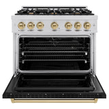 ZLINE Autograph Edition 36 in. 5.2 cu. ft. Classic Dual Fuel Range with 6 Burner Gas Cooktop and Electric Convection Oven in Stainless Steel with Black Matte Door and Champagne Bronze Accents (CDRZ-BLM-36-CB) - (CDRZBLM36CB) -